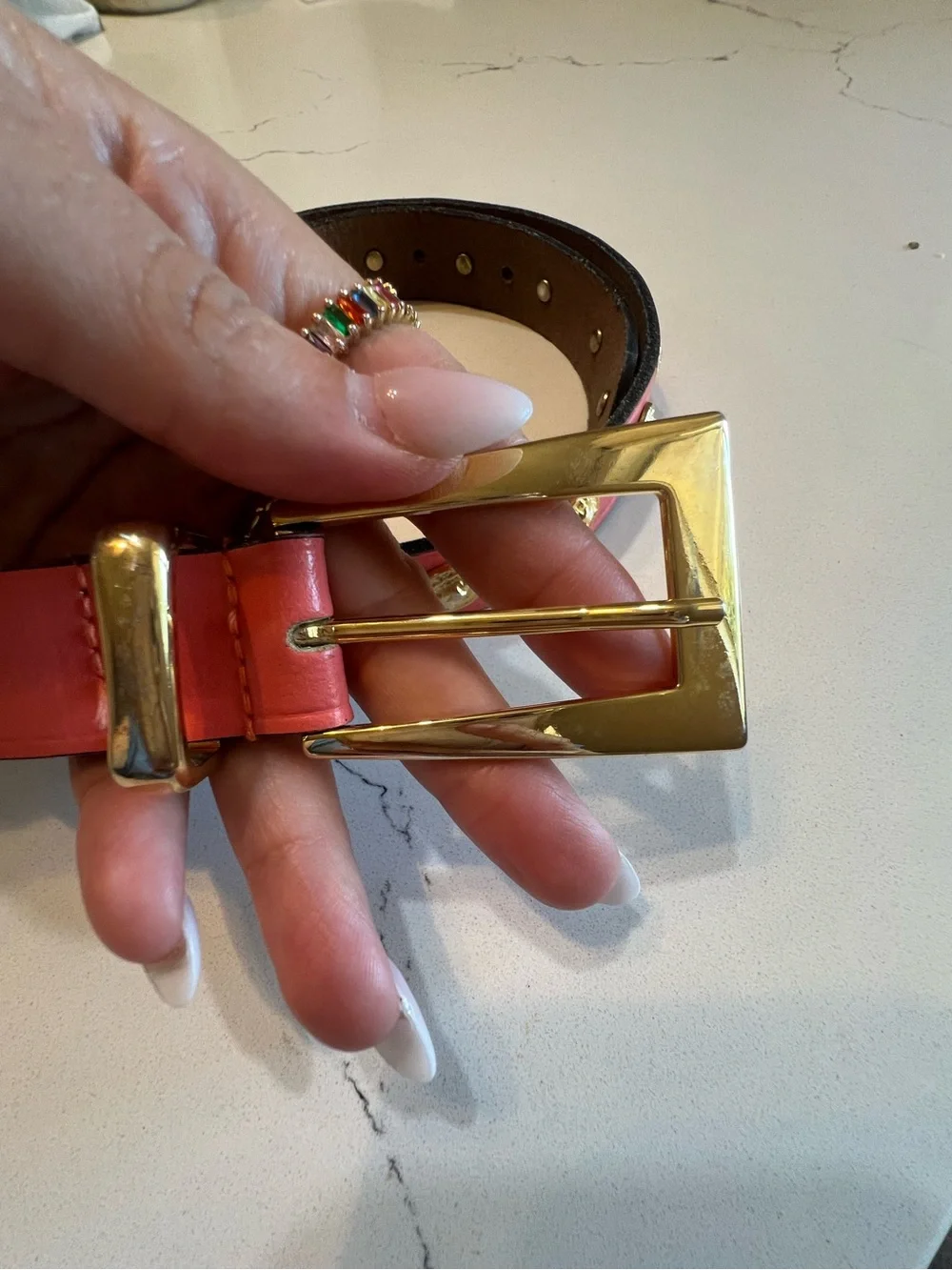 The Limited Belt Gold Lion Medallion Coral Leather Studded Belt Small S preloved